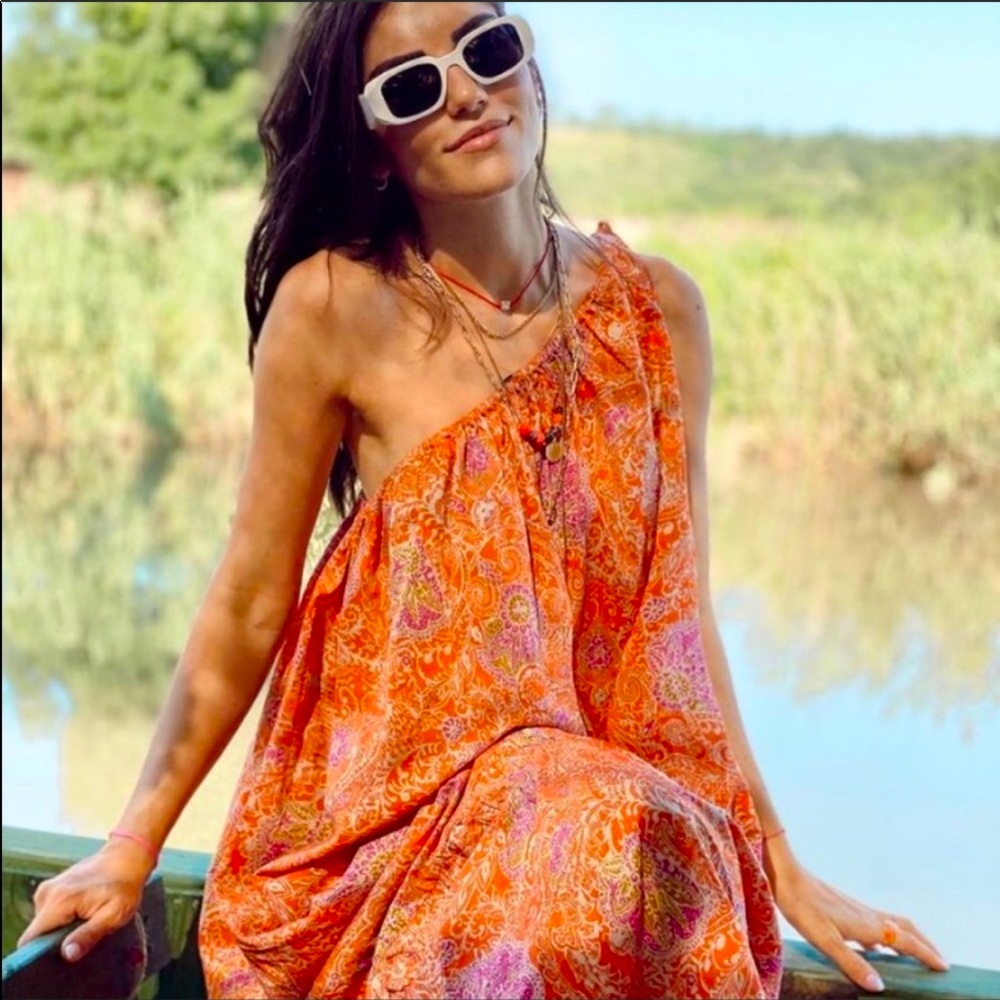 Bohemian One-Shoulder Orange Paisley Maxi Dress